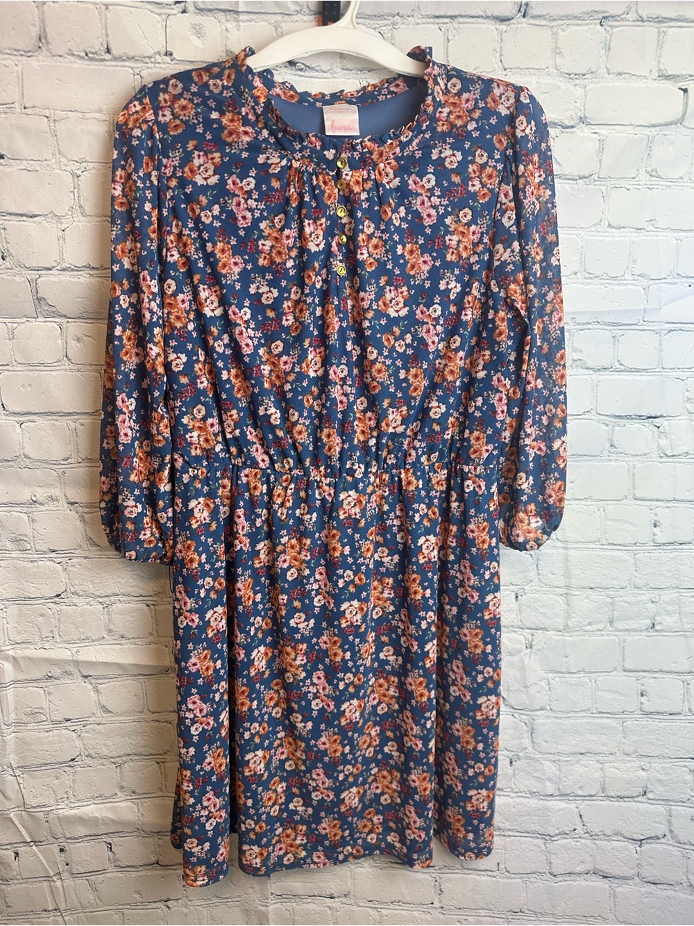 Blue Floral Midi Dress with Elastic Waist